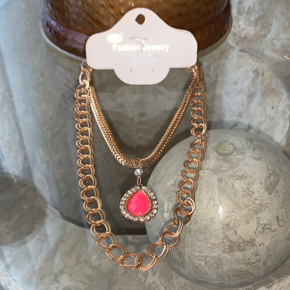 Fashion Jewelry Gold-Tone Layered Necklace with Hot Pink Teardrop Pendant